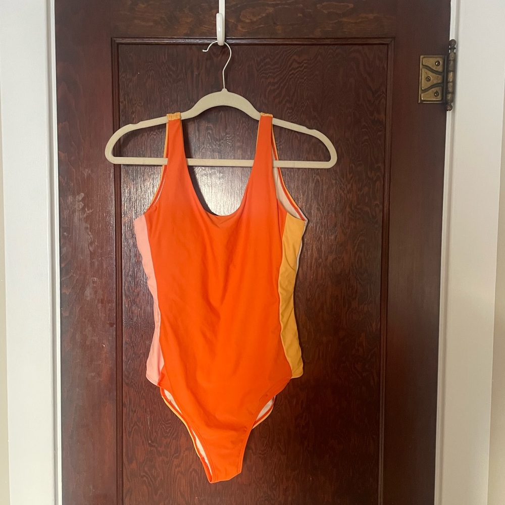Roolee Women’s One Piece Bathing Suit Size Large Scoop Orange Yellow and Blue